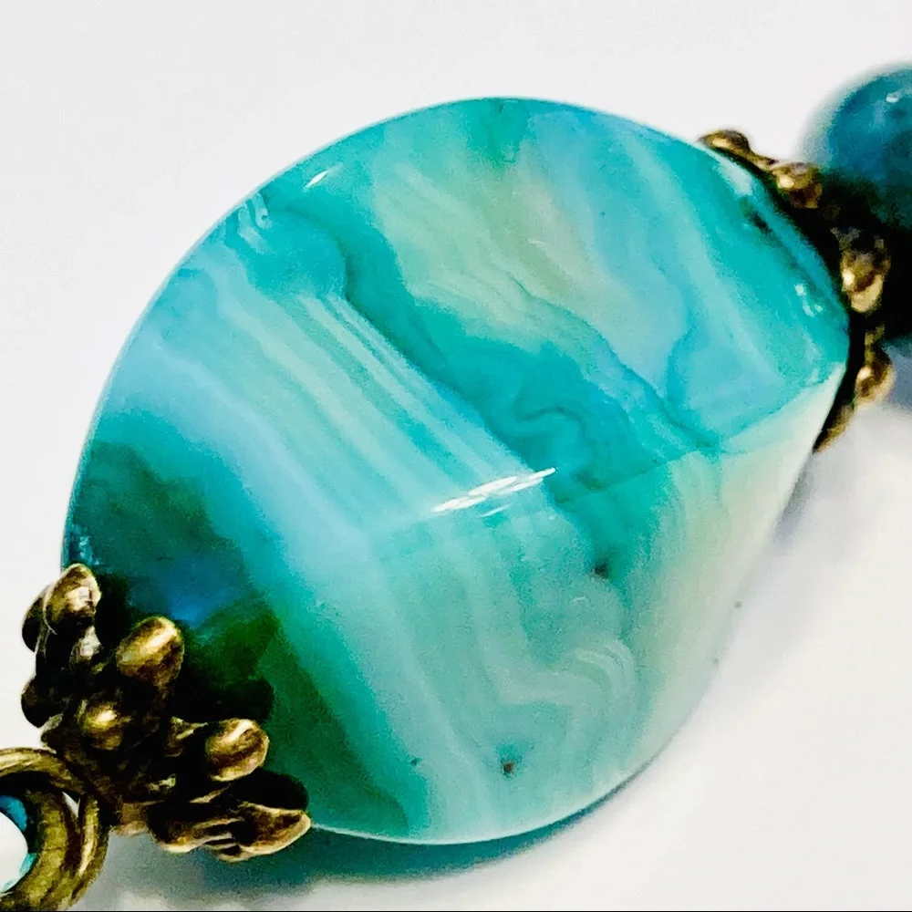 Teal Turquoise Patina Filigree Brass Heart Necklace w/ Onyx & Chrysocolla Stone - Picture 9 of 11